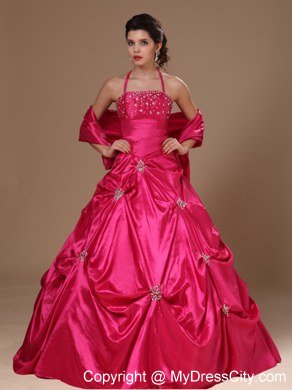 A-line Halter Beaded and Pick Ups Hot Pink Dresses For Sweet 16