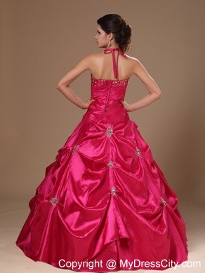 A-line Halter Beaded and Pick Ups Hot Pink Dresses For Sweet 16