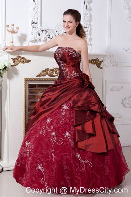 Strapless Embroidery Flowers Wine Red Quinceanera Gowns For 2013