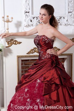 Strapless Embroidery Flowers Wine Red Quinceanera Gowns For 2013