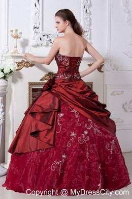 Strapless Embroidery Flowers Wine Red Quinceanera Gowns For 2013