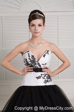 Sexy V-neck Appliques Tulle White and Black Quinceanera Party Dresses