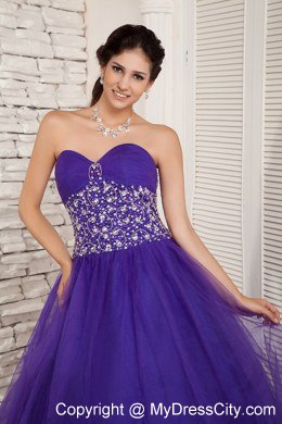 Beaded Sweetheart A-line Tulle Purple Sweet 16 Dresses For Cheap