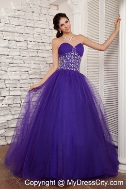 Beaded Sweetheart A-line Tulle Purple Sweet 16 Dresses For Cheap