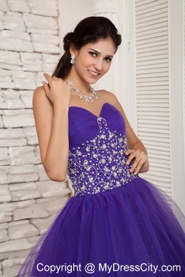 Beaded Sweetheart A-line Tulle Purple Sweet 16 Dresses For Cheap