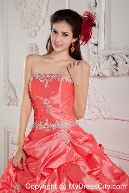 Strapless Appliques and Pick Ups Watermelon Red Quinceanera Gowns