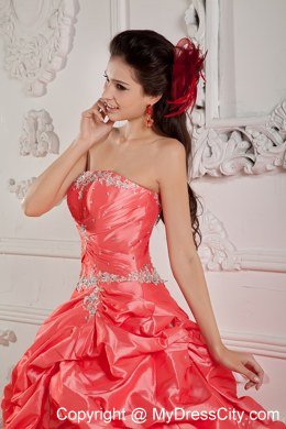 Strapless Appliques and Pick Ups Watermelon Red Quinceanera Gowns