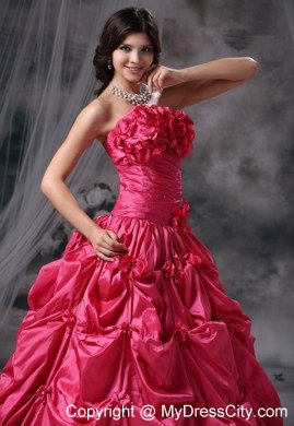 Flowers Strapless Pick Ups Coral Red Dresses For Sweet 16 Dresses