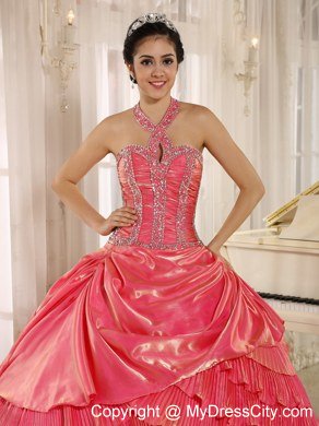 Beaded Halter Pleat Watermelon Red Quninceanera Gowns With Layeres