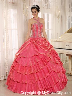 Beaded Halter Pleat Watermelon Red Quninceanera Gowns With Layeres