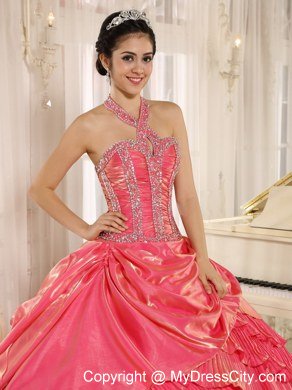 Beaded Halter Pleat Watermelon Red Quninceanera Gowns With Layeres