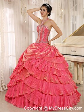 Beaded Halter Pleat Watermelon Red Quninceanera Gowns With Layeres