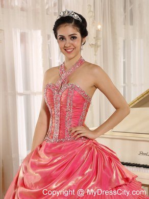 Beaded Halter Pleat Watermelon Red Quninceanera Gowns With Layeres