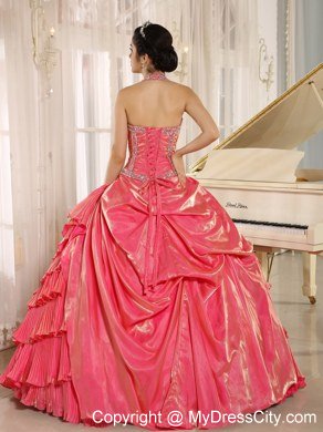 Beaded Halter Pleat Watermelon Red Quninceanera Gowns With Layeres