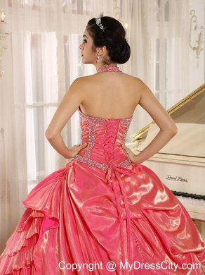 Beaded Halter Pleat Watermelon Red Quninceanera Gowns With Layeres