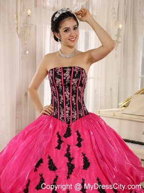 Strapless Pick Ups Black Appliques Hot Pink 2013 Quinceanera Dresses