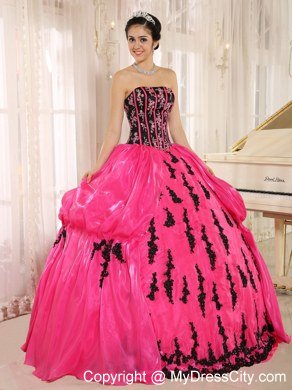 Strapless Pick Ups Black Appliques Hot Pink 2013 Quinceanera Dresses