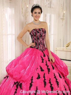 Strapless Pick Ups Black Appliques Hot Pink 2013 Quinceanera Dresses