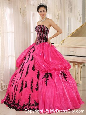 Strapless Pick Ups Black Appliques Hot Pink 2013 Quinceanera Dresses