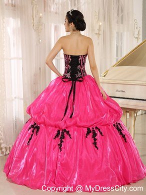 Strapless Pick Ups Black Appliques Hot Pink 2013 Quinceanera Dresses