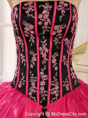 Strapless Pick Ups Black Appliques Hot Pink 2013 Quinceanera Dresses