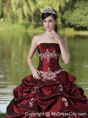 Strapless Appliques and Pick Ups Burgundy Quninceanera Gowns For 2013