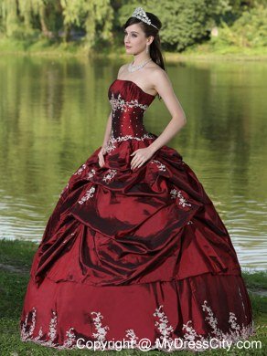 Strapless Appliques and Pick Ups Burgundy Quninceanera Gowns For 2013