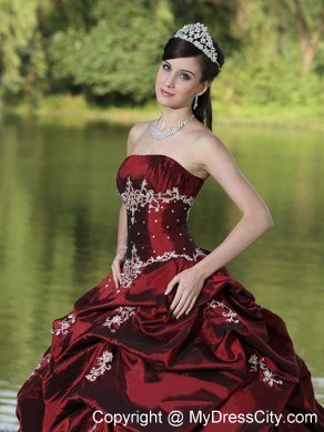 Strapless Appliques and Pick Ups Burgundy Quninceanera Gowns For 2013