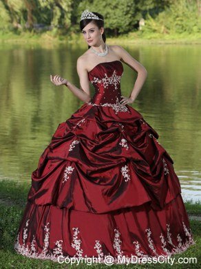 Strapless Appliques and Pick Ups Burgundy Quninceanera Gowns For 2013