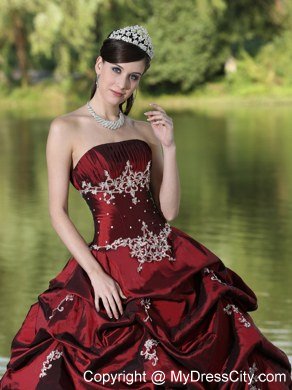 Strapless Appliques and Pick Ups Burgundy Quninceanera Gowns For 2013