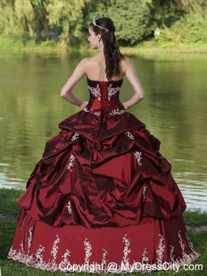 Strapless Appliques and Pick Ups Burgundy Quninceanera Gowns For 2013