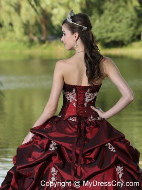 Strapless Appliques and Pick Ups Burgundy Quninceanera Gowns For 2013