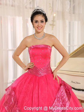 Beaded Strapless Organza Coral Red Quinceanera Gowns For Cheap