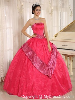 Beaded Strapless Organza Coral Red Quinceanera Gowns For Cheap