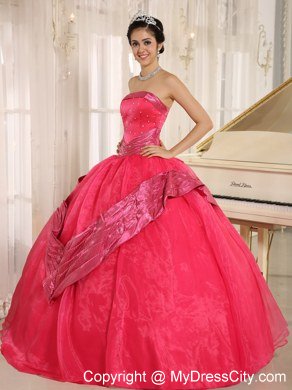 Beaded Strapless Organza Coral Red Quinceanera Gowns For Cheap