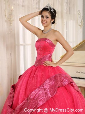 Beaded Strapless Organza Coral Red Quinceanera Gowns For Cheap