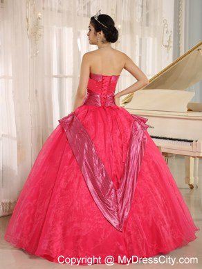 Beaded Strapless Organza Coral Red Quinceanera Gowns For Cheap