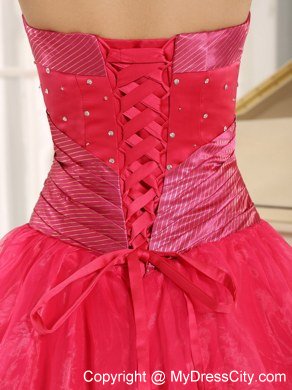 Beaded Strapless Organza Coral Red Quinceanera Gowns For Cheap