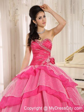 Sweetheart Beaded Flowers Hot Pink Quinceanera Gowns With Tiers