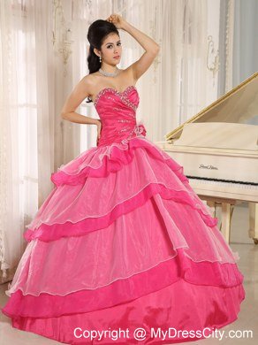 Sweetheart Beaded Flowers Hot Pink Quinceanera Gowns With Tiers