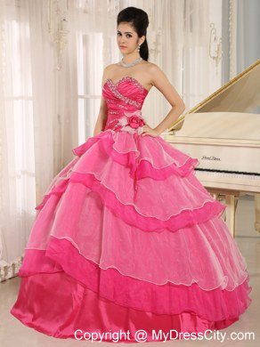 Sweetheart Beaded Flowers Hot Pink Quinceanera Gowns With Tiers