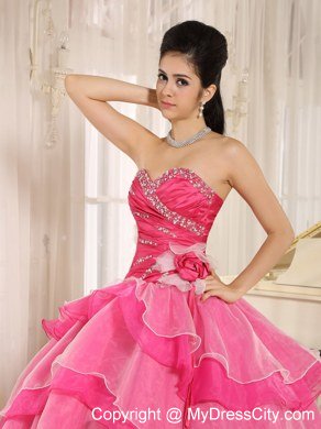 Sweetheart Beaded Flowers Hot Pink Quinceanera Gowns With Tiers