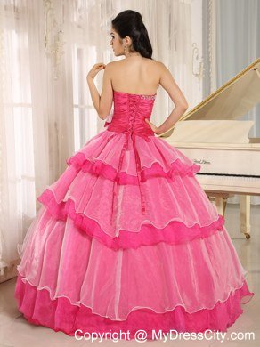 Sweetheart Beaded Flowers Hot Pink Quinceanera Gowns With Tiers