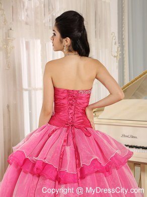 Sweetheart Beaded Flowers Hot Pink Quinceanera Gowns With Tiers