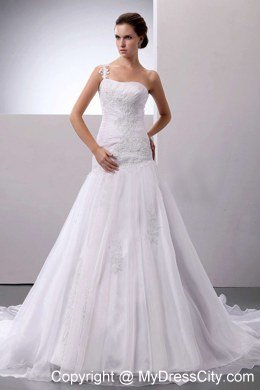 One Shoulder Appliques Court Train Wedding Dress With Organza