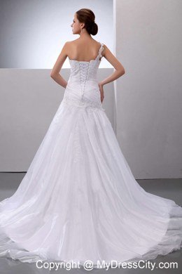 One Shoulder Appliques Court Train Wedding Dress With Organza