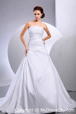 Appliques and Ruching Court Train Wedding Dress with Hand Made Flowers Wrap