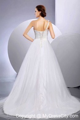 Custom Made Hand Made Flower One Shoulder Bridal Dress with Court Train