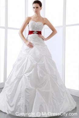 Sweetheart Appliques and Pick-ups Chapel Train Wedding Dress with Red Sash