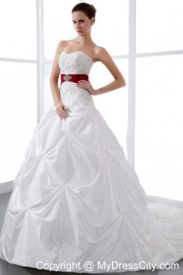 Sweetheart Appliques and Pick-ups Chapel Train Wedding Dress with Red Sash